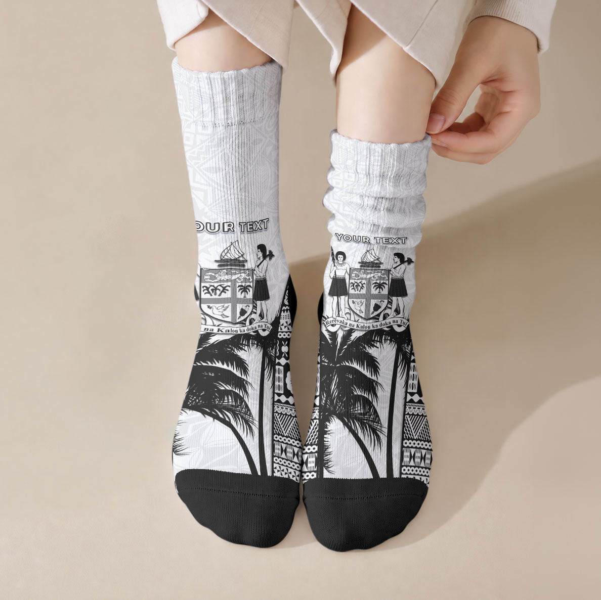 Personalised Fiji Day 2026 Crew Socks Masi Tapa Pattern With Palm Tree White Version LT05 Crew Socks White - Polynesian Pride