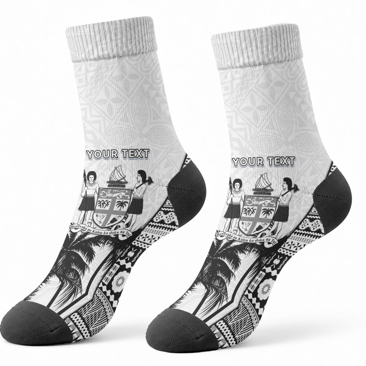 Personalised Fiji Day 2026 Crew Socks Masi Tapa Pattern With Palm Tree White Version LT05 - Polynesian Pride