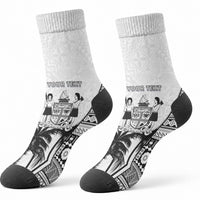 Personalised Fiji Day 2026 Crew Socks Masi Tapa Pattern With Palm Tree White Version LT05 - Polynesian Pride