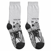 Personalised Fiji Day 2026 Crew Socks Masi Tapa Pattern With Palm Tree White Version LT05 - Polynesian Pride
