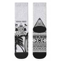 Personalised Fiji Day 2026 Crew Socks Masi Tapa Pattern With Palm Tree White Version LT05 - Polynesian Pride