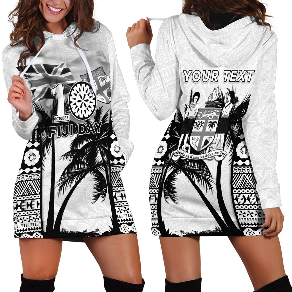 Personalised Fiji Day 2026 Hoodie Dress Masi Tapa Pattern With Palm Tree White Version LT05 - Polynesian Pride