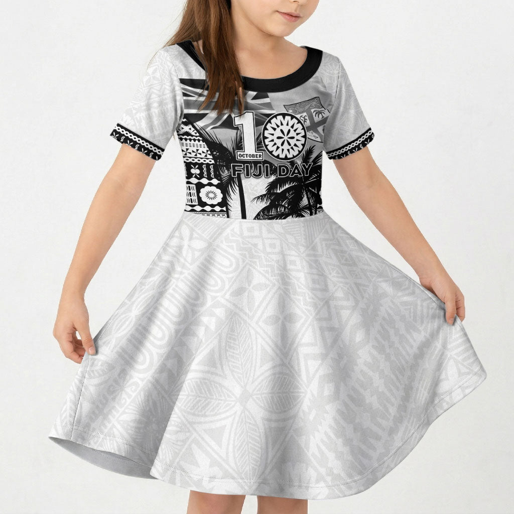 Personalised Fiji Day 2026 Kid Short Sleeve Dress Masi Tapa Pattern With Palm Tree White Version LT05 KID White - Polynesian Pride