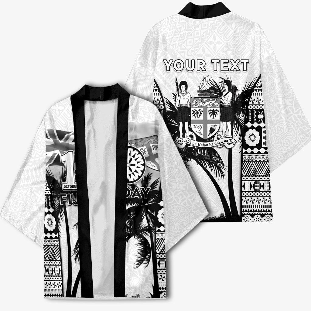 Personalised Fiji Day 2026 Kimono Masi Tapa Pattern With Palm Tree White Version LT05 - Polynesian Pride