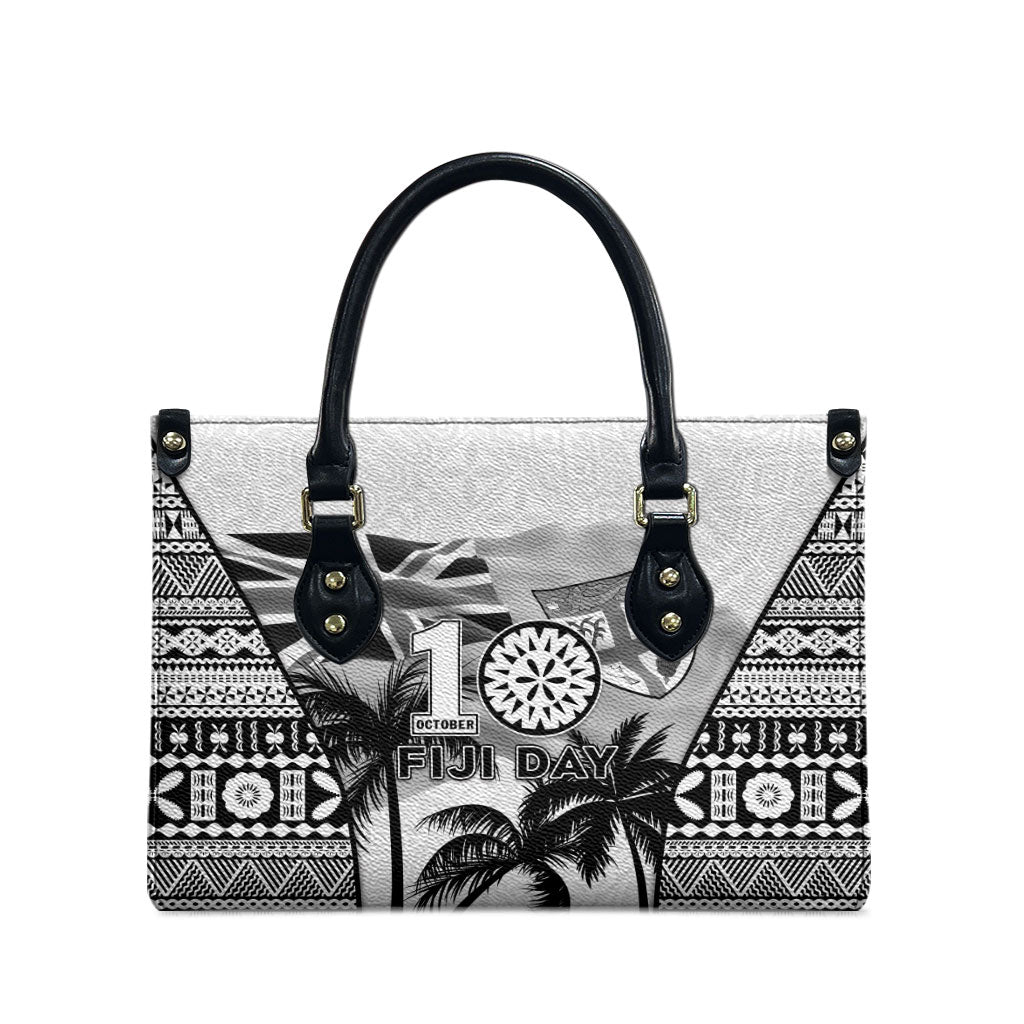 Fiji Day 2026 Leather Bag Masi Tapa Pattern With Palm Tree White Version