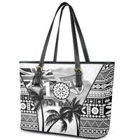 Fiji Day 2026 Leather Tote Bag Masi Tapa Pattern With Palm Tree White Version LT05 - Polynesian Pride