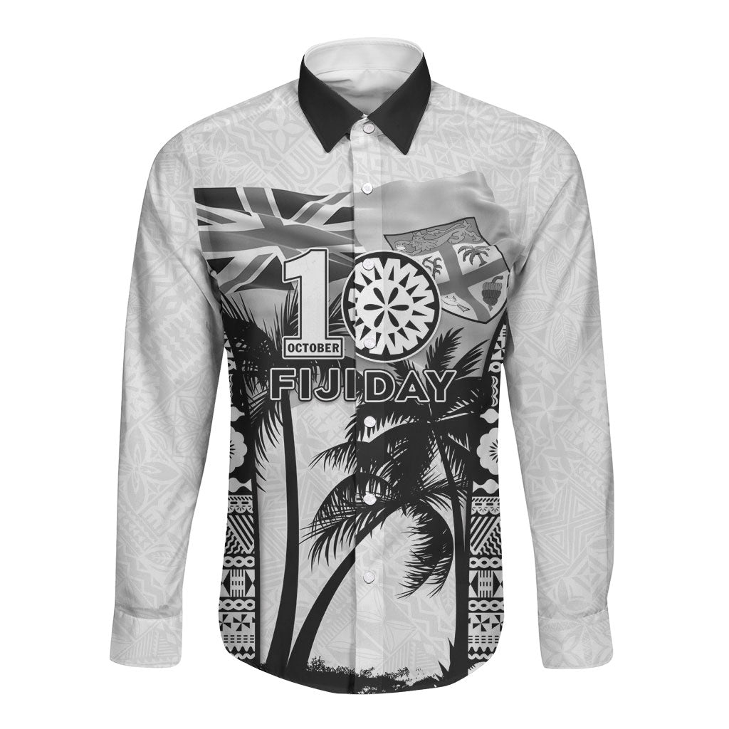 Personalised Fiji Day 2026 Long Sleeve Button Shirt Masi Tapa Pattern With Palm Tree White Version LT05 Unisex White - Polynesian Pride