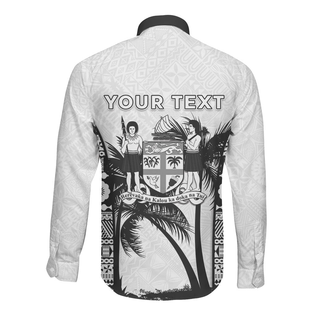 Personalised Fiji Day 2026 Long Sleeve Button Shirt Masi Tapa Pattern With Palm Tree White Version LT05 - Polynesian Pride