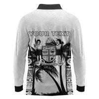 Personalised Fiji Day 2026 Long Sleeve Polo Shirt Masi Tapa Pattern With Palm Tree White Version LT05 - Polynesian Pride