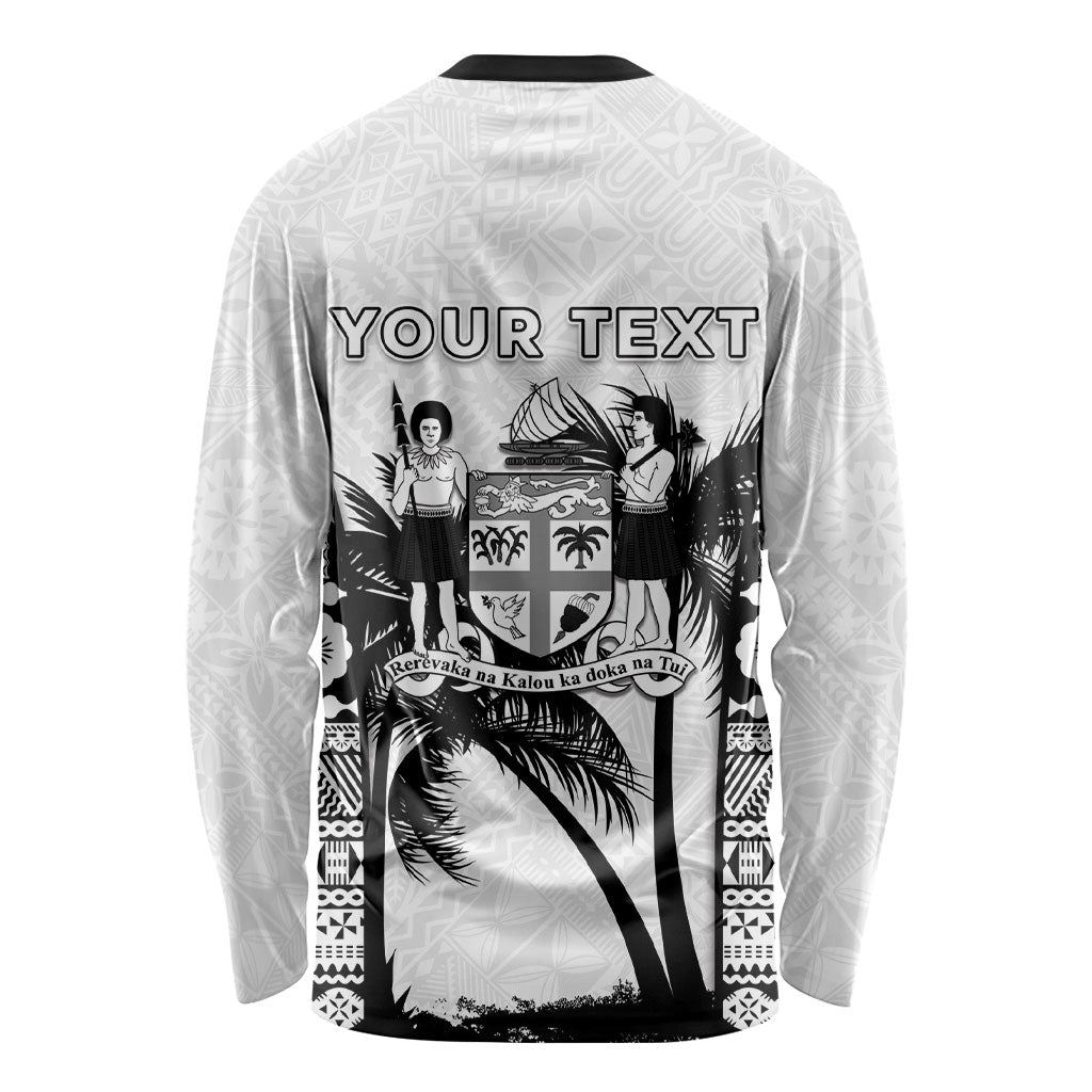 Personalised Fiji Day 2026 Long Sleeve Shirt Masi Tapa Pattern With Palm Tree White Version LT05 - Polynesian Pride