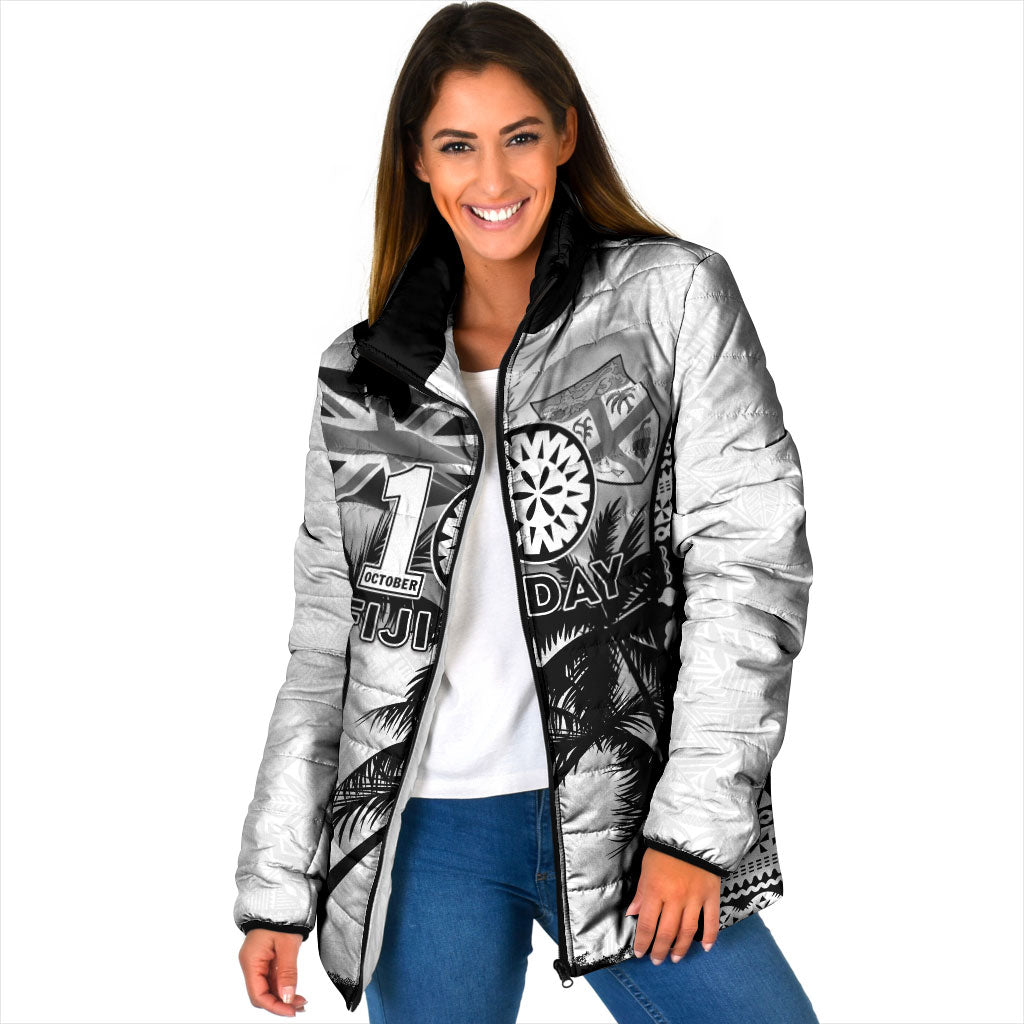 Personalised Fiji Day 2026 Padded Jacket Masi Tapa Pattern With Palm Tree White Version LT05 Women White - Polynesian Pride