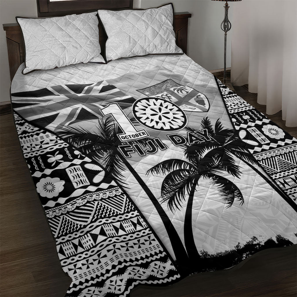 Fiji Day 2026 Quilt Bed Set Masi Tapa Pattern With Palm Tree White Version LT05 White - Polynesian Pride