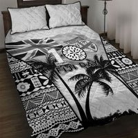 Fiji Day 2026 Quilt Bed Set Masi Tapa Pattern With Palm Tree White Version LT05 White - Polynesian Pride