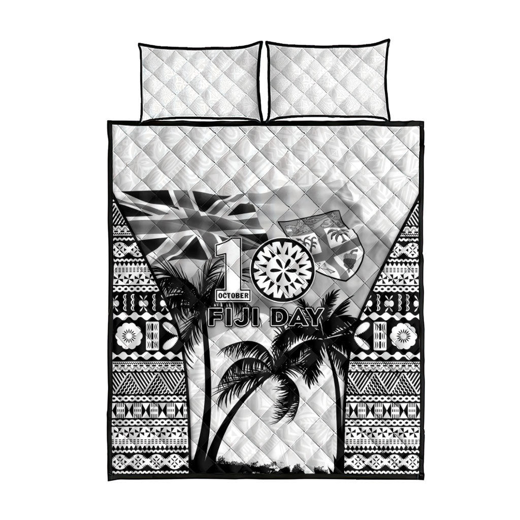 Fiji Day 2026 Quilt Bed Set Masi Tapa Pattern With Palm Tree White Version LT05 - Polynesian Pride
