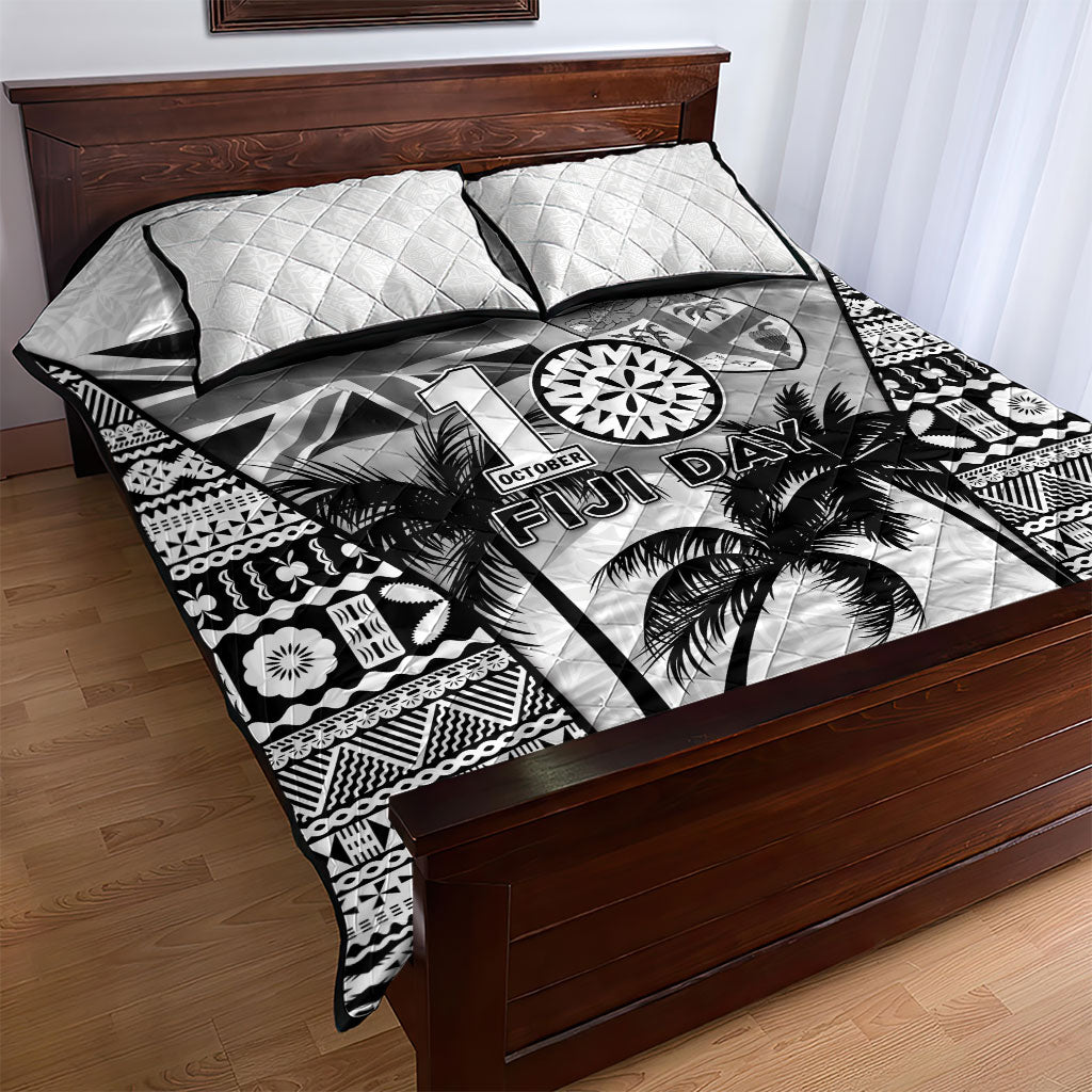 Fiji Day 2026 Quilt Bed Set Masi Tapa Pattern With Palm Tree White Version LT05 - Polynesian Pride