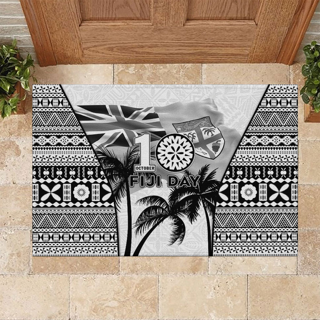 Fiji Day 2026 Rubber Doormat Masi Tapa Pattern With Palm Tree White Version LT05 White - Polynesian Pride