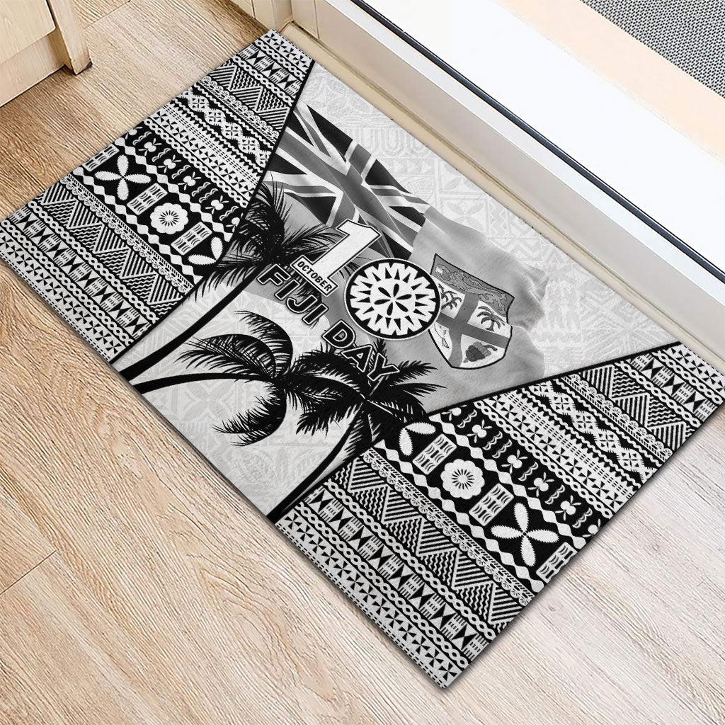 Fiji Day 2026 Rubber Doormat Masi Tapa Pattern With Palm Tree White Version LT05 - Polynesian Pride