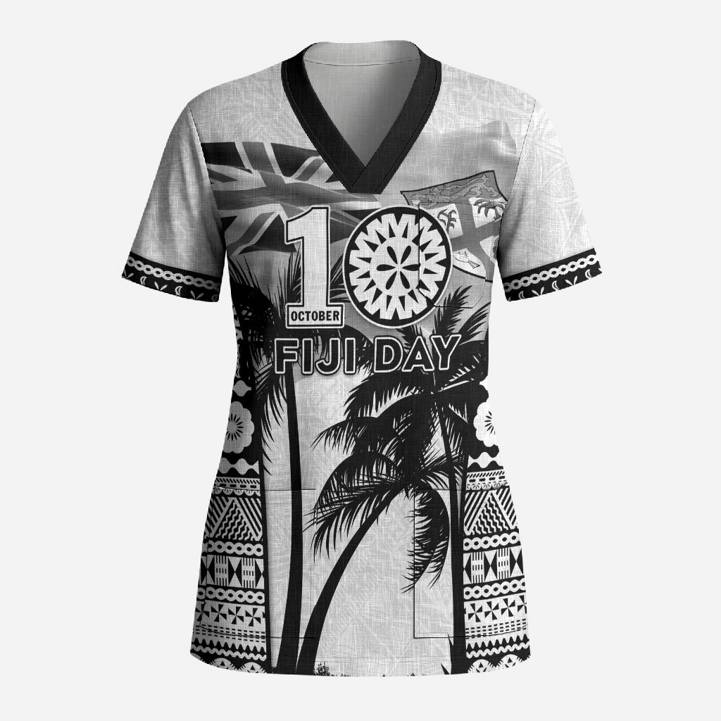 Personalised Fiji Day 2026 Scrub Top Masi Tapa Pattern With Palm Tree White Version