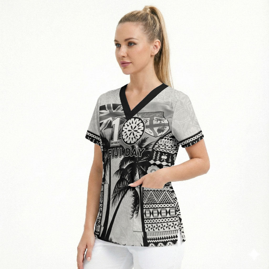 Personalised Fiji Day 2026 Scrub Top Masi Tapa Pattern With Palm Tree White Version