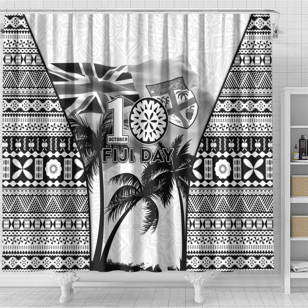 Fiji Day 2026 Shower Curtain Masi Tapa Pattern With Palm Tree White Version