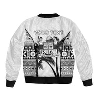 Personalised Fiji Day 2026 Sleeve Zip Bomber Jacket Masi Tapa Pattern With Palm Tree White Version