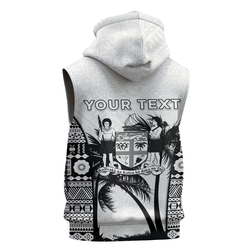 Personalised Fiji Day 2026 Sleeveless Hoodie Masi Tapa Pattern With Palm Tree White Version LT05 - Polynesian Pride