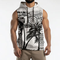 Personalised Fiji Day 2026 Sleeveless Hoodie Masi Tapa Pattern With Palm Tree White Version LT05 - Polynesian Pride