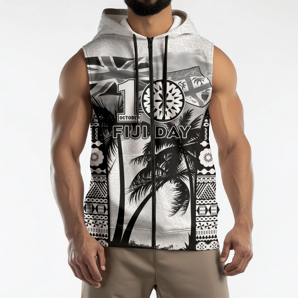 Personalised Fiji Day 2026 Sleeveless Zip Hoodie Masi Tapa Pattern With Palm Tree White Version LT05 - Polynesian Pride