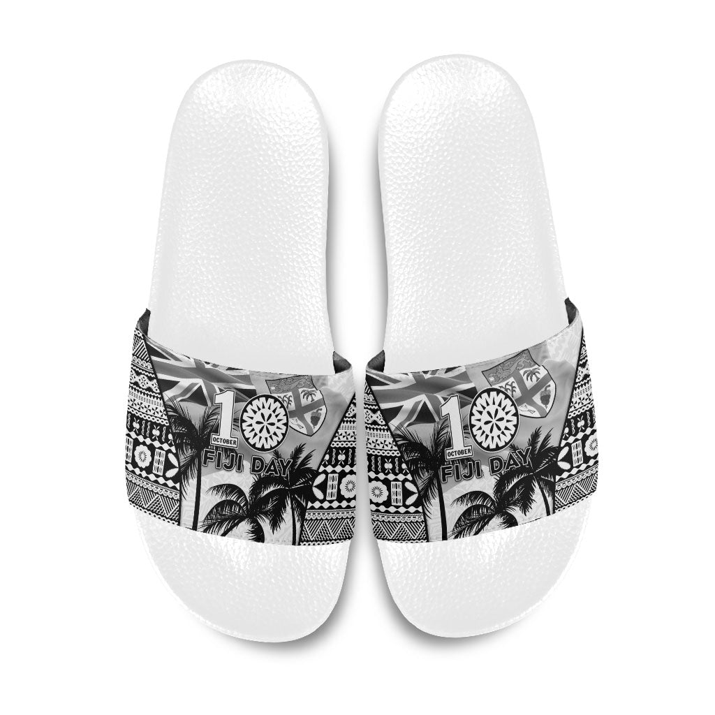Fiji Day 2026 Slide Sandals Masi Tapa Pattern With Palm Tree White Version LT05 White - Polynesian Pride