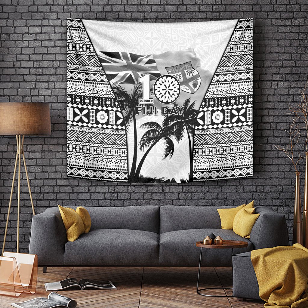 Fiji Day 2026 Tapestry Masi Tapa Pattern With Palm Tree White Version LT05 White - Polynesian Pride