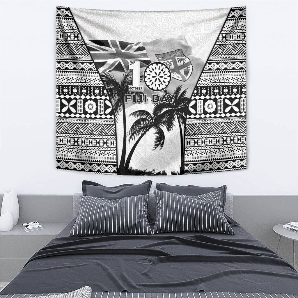 Fiji Day 2026 Tapestry Masi Tapa Pattern With Palm Tree White Version LT05 - Polynesian Pride