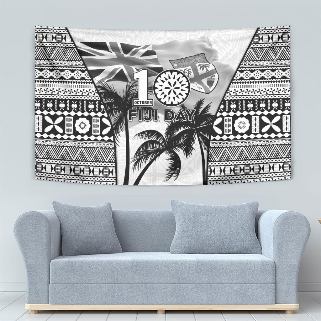 Fiji Day 2026 Tapestry Masi Tapa Pattern With Palm Tree White Version LT05 - Polynesian Pride