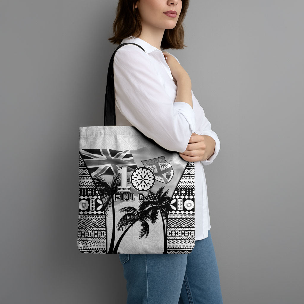 Fiji Day 2026 Tote Bag Masi Tapa Pattern With Palm Tree White Version LT05 - Polynesian Pride