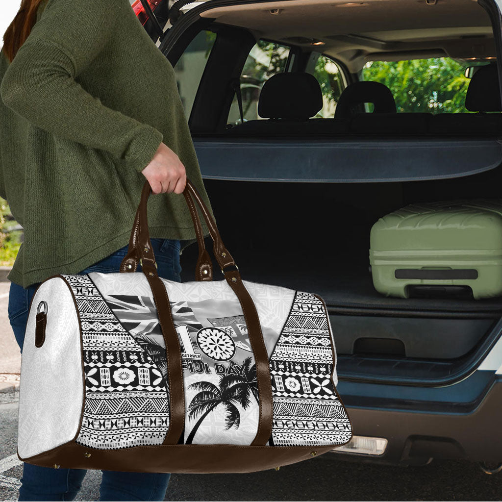 Fiji Day 2026 Travel Bag Masi Tapa Pattern With Palm Tree White Version