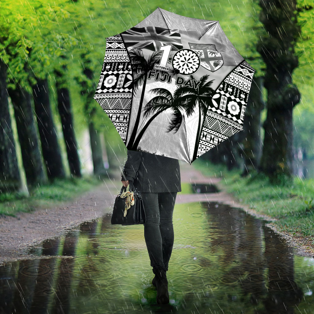 Fiji Day 2026 Umbrella Masi Tapa Pattern With Palm Tree White Version LT05 - Polynesian Pride