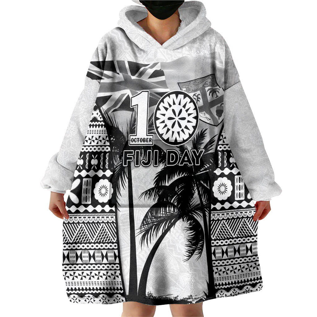Personalised Fiji Day 2026 Wearable Blanket Hoodie Masi Tapa Pattern With Palm Tree White Version LT05 - Polynesian Pride