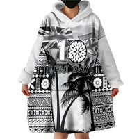 Personalised Fiji Day 2026 Wearable Blanket Hoodie Masi Tapa Pattern With Palm Tree White Version LT05 - Polynesian Pride