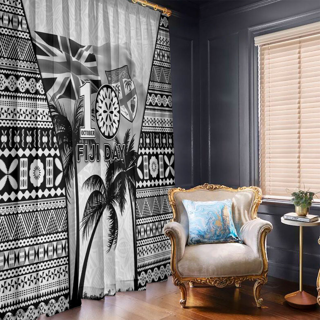 Fiji Day 2026 Window Curtain Masi Tapa Pattern With Palm Tree White Version LT05 - Polynesian Pride