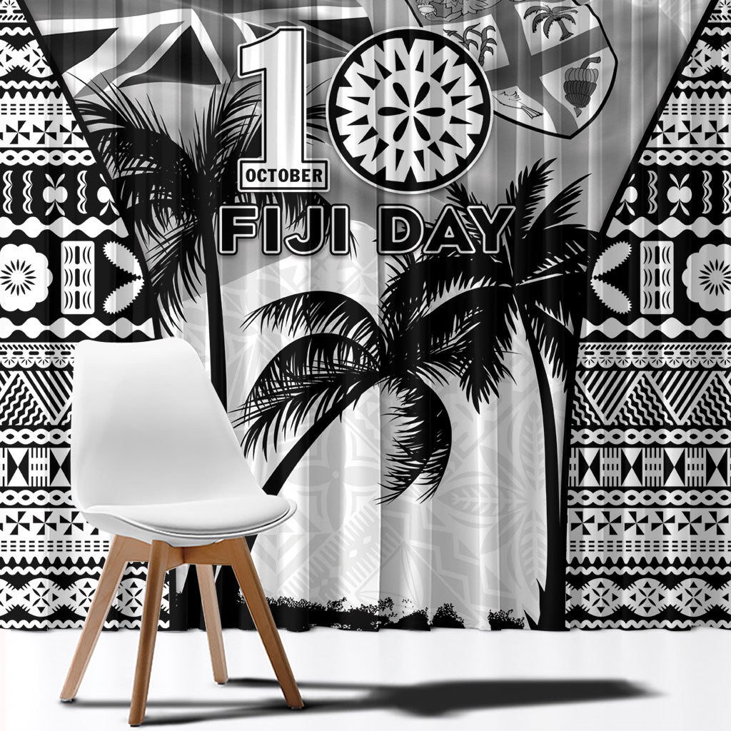 Fiji Day 2026 Window Curtain Masi Tapa Pattern With Palm Tree White Version LT05 - Polynesian Pride