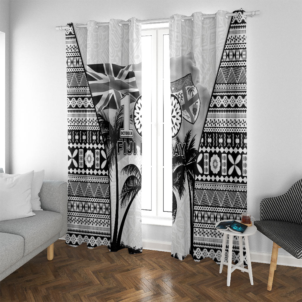 Fiji Day 2026 Window Curtain Masi Tapa Pattern With Palm Tree White Version LT05 With Grommets White - Polynesian Pride