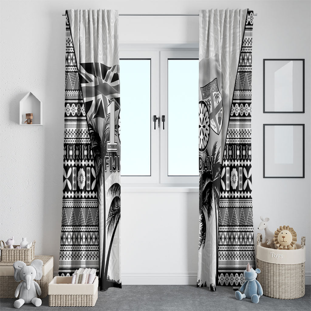 Fiji Day 2026 Window Curtain Masi Tapa Pattern With Palm Tree White Version LT05 - Polynesian Pride