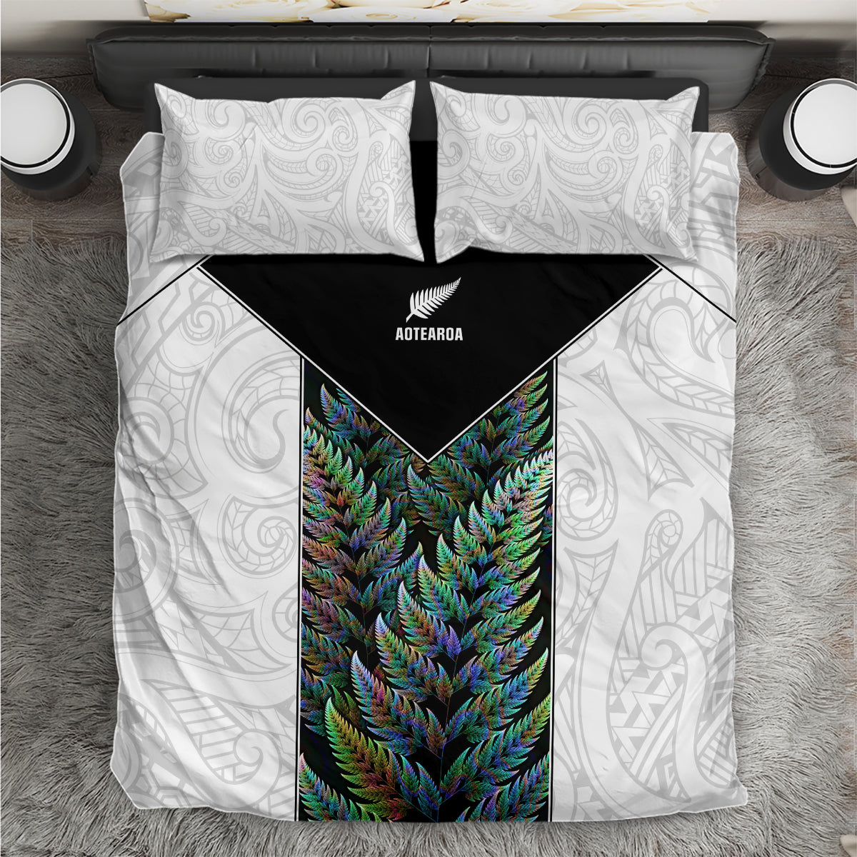 New Zealand Fern Rugby Bedding Set World Cup 2023 Paua Shell Maori Pattern LT05 White - Polynesian Pride
