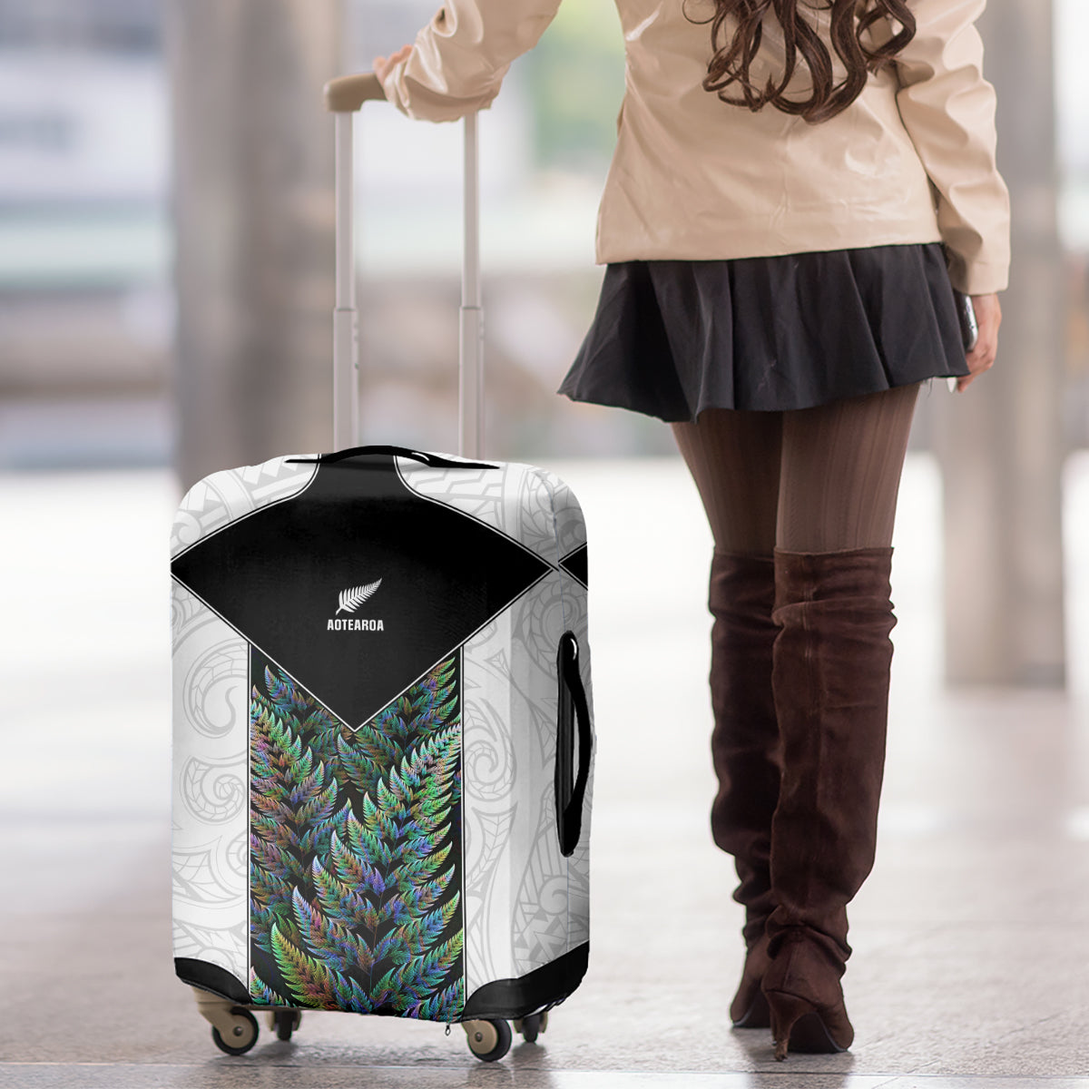 New Zealand Fern Rugby Luggage Cover World Cup 2023 Paua Shell Maori Pattern LT05 - Polynesian Pride