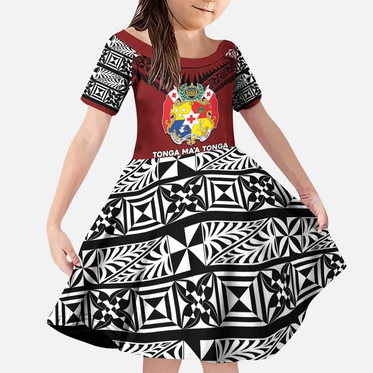 Personalised Tonga Constitution Day Kid Short Sleeve Dress Tongan Kupesi Ngatu Pattern LT05 KID Red - Polynesian Pride