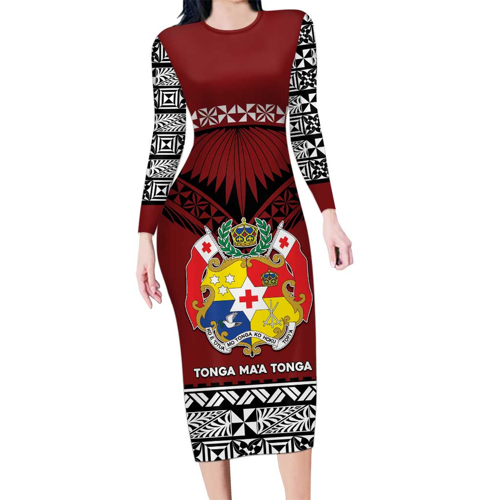 Personalised Tonga Constitution Day Long Sleeve Bodycon Dress Tongan Kupesi Ngatu Pattern LT05 Long Dress Red - Polynesian Pride