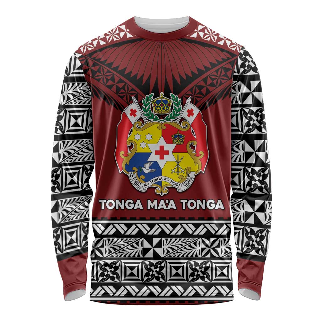 Personalised Tonga Constitution Day Long Sleeve Shirt Tongan Kupesi Ngatu Pattern LT05 Unisex Red - Polynesian Pride