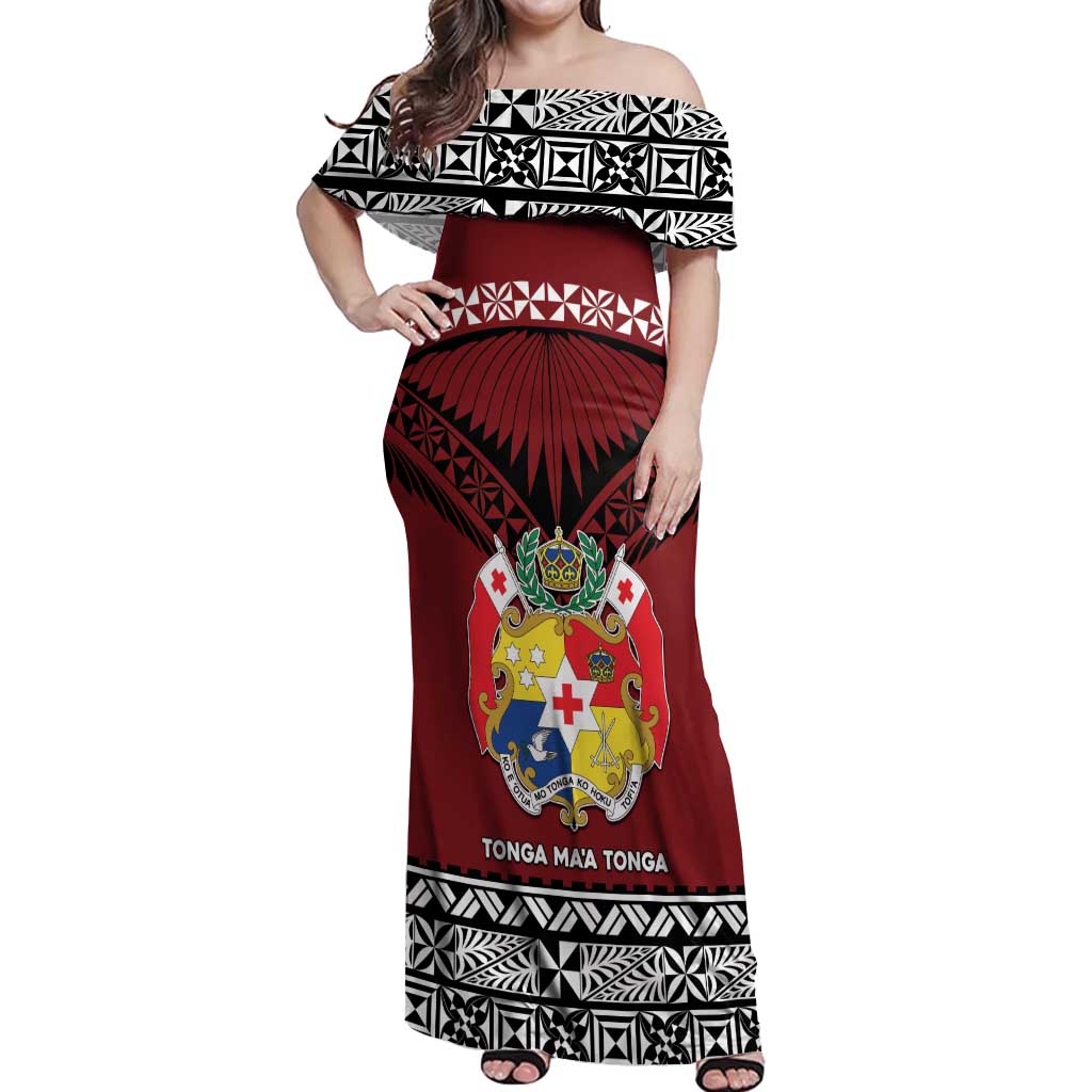 Personalised Tonga Constitution Day Off Shoulder Maxi Dress Tongan Kupesi Ngatu Pattern LT05 Women Red - Polynesian Pride
