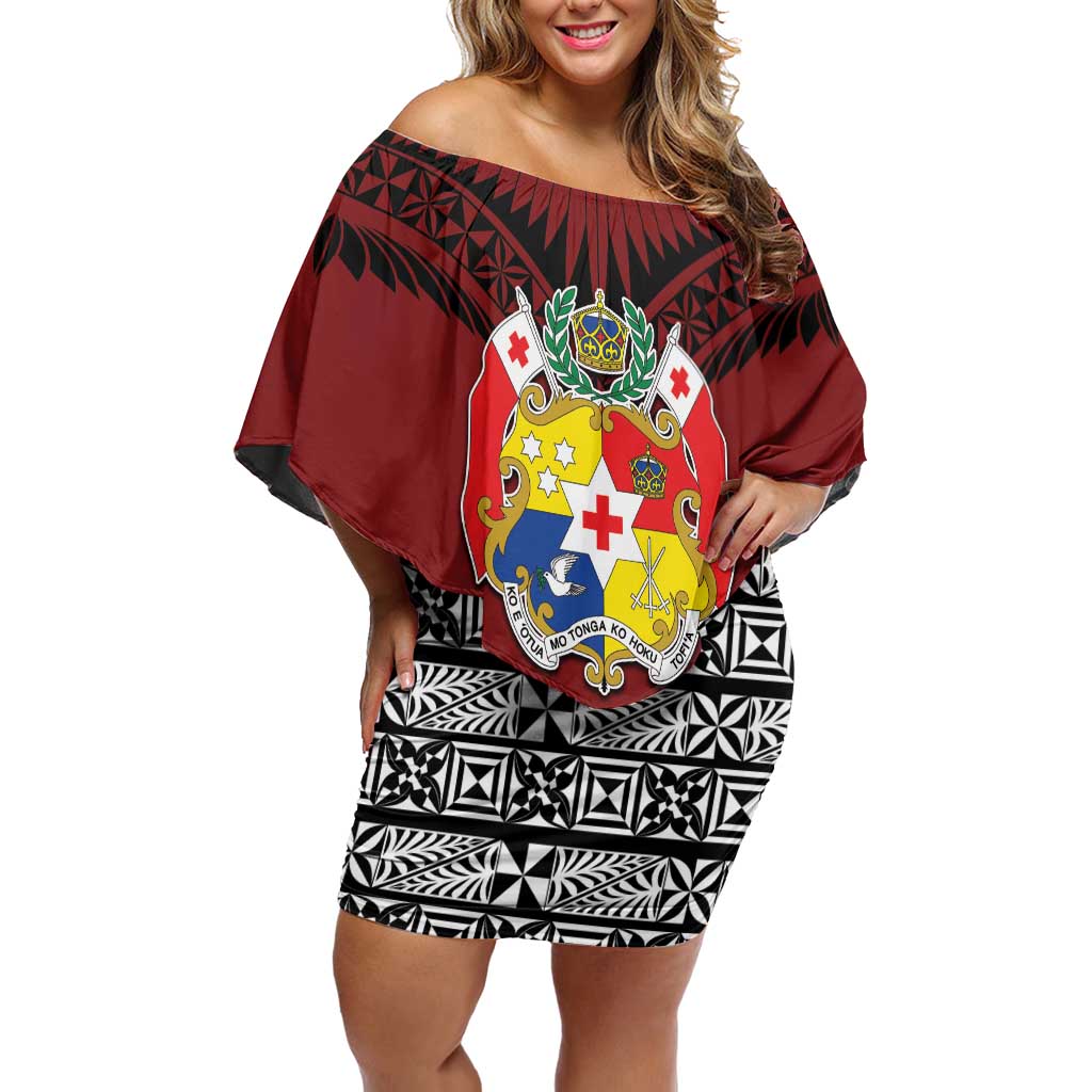 Personalised Tonga Constitution Day Off Shoulder Short Dress Tongan Kupesi Ngatu Pattern LT05 Women Red - Polynesian Pride