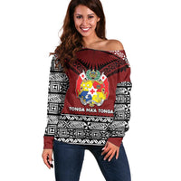 Personalised Tonga Constitution Day Off Shoulder Sweater Tongan Kupesi Ngatu Pattern LT05 Women Red - Polynesian Pride