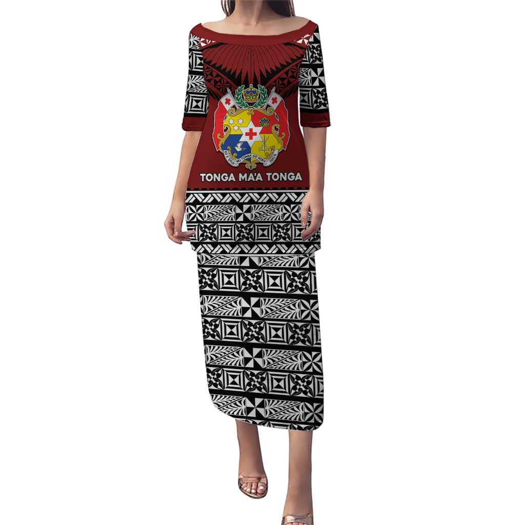 Personalised Tonga Constitution Day Puletasi Tongan Kupesi Ngatu Pattern LT05 Long Dress Red - Polynesian Pride